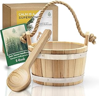 CozyNature® Sauna Eimer mit Kelle aus hochwertigem finnischen Kiefern-Holz | edle Metallringe – …