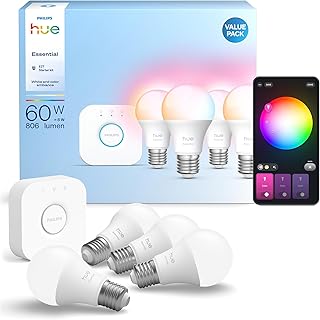 Philips Hue Essential Starter-Set: Bridge + 4 Essential E27 Smart Leuchtmittel, White und Color A…