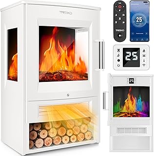 TRESKO® Elektrokamin mit Heizung inkl. Fernbedienung & WiFi App | Kamin elektrisch 1800W LED-Fla…