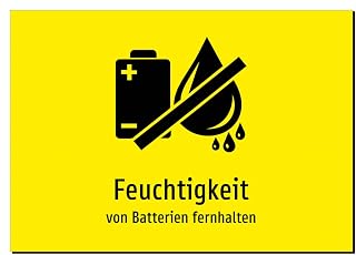36999-DE-S-10 | Feuchtigkeit – von Batterien fernhalten | Aufkleber A5, 210 x 148mm | mit Symbolg…